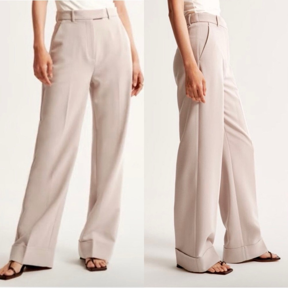 Abercrombie & Fitch Cuffed Hem Tailored Wide Leg Pants High Rise Khaki Trousers